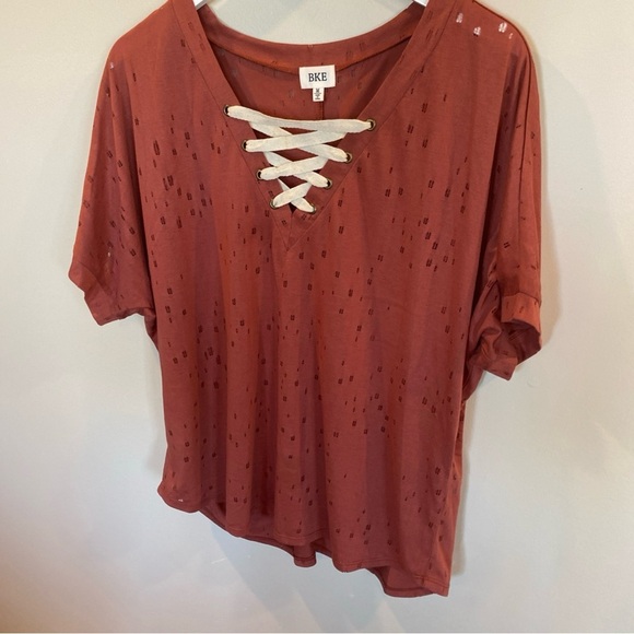 BKE Lace Up Burnout T shirt Brick Red Medium Oversized - Picture 2 of 6